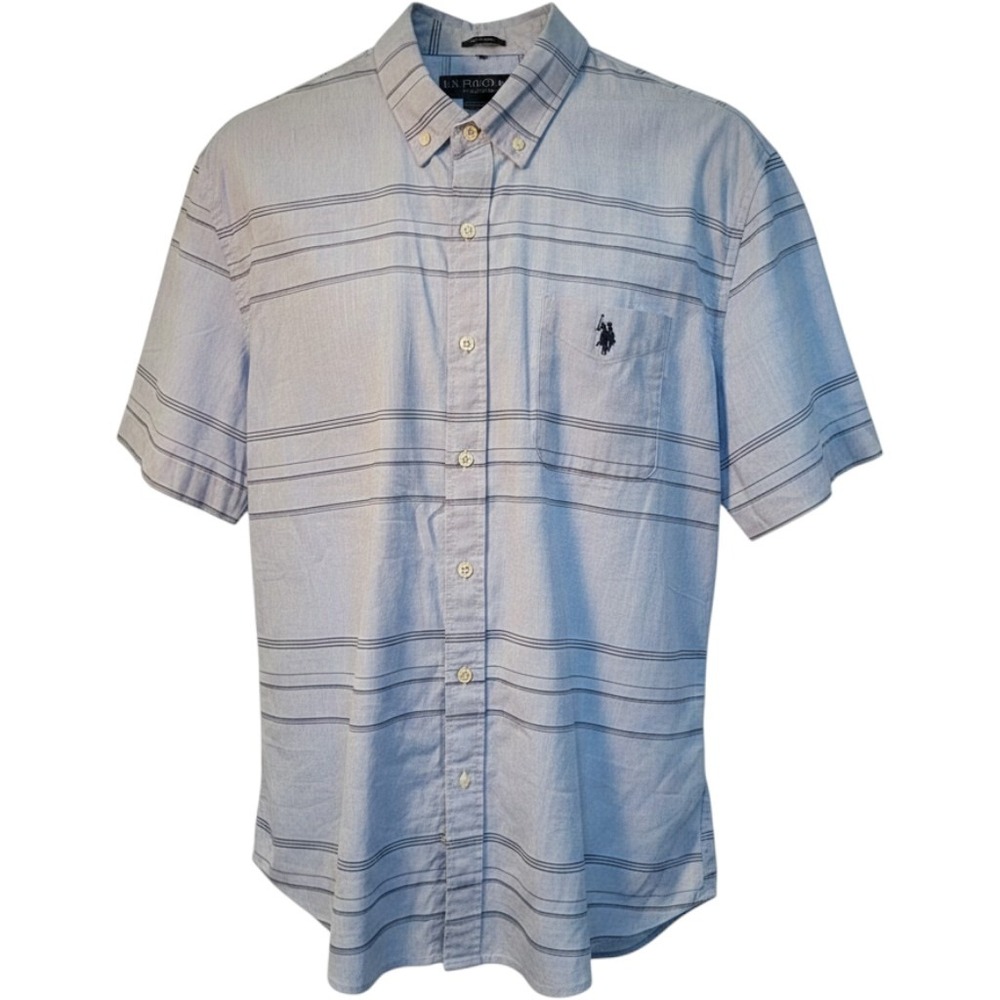 US Polo Assn Mens XL Blue Striped Short Sleeve Button Down Shirt Stretch Pocket